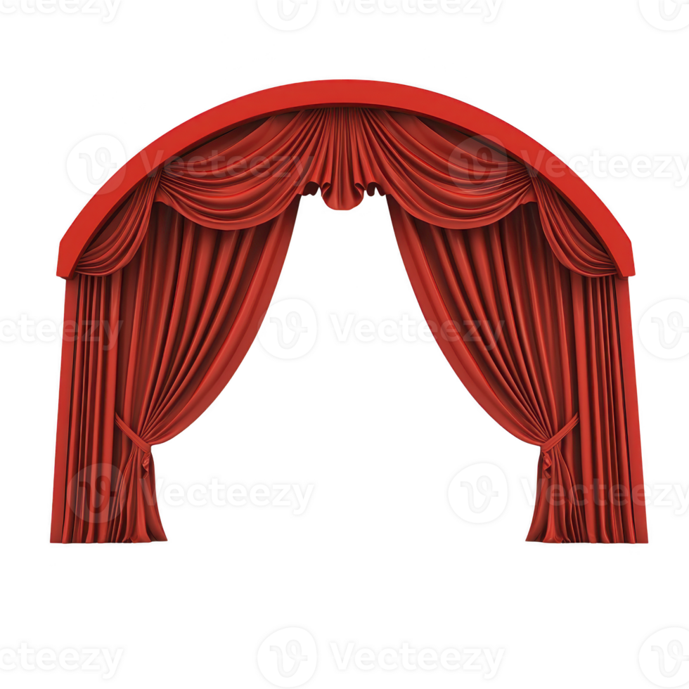 vibrant red theater curtain is elegantly draped in arch, creating dramatic and inviting entrance for stage performance. rich fabric and classic design evoke sense of anticipation and grandeur png