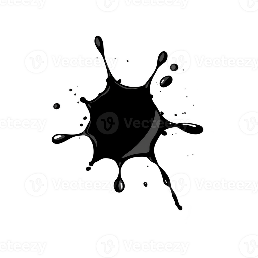 black ink splatter with irregular edges and droplets radiating outward, creating abstract and dynamic design. splash effect adds sense of movement and creativity png