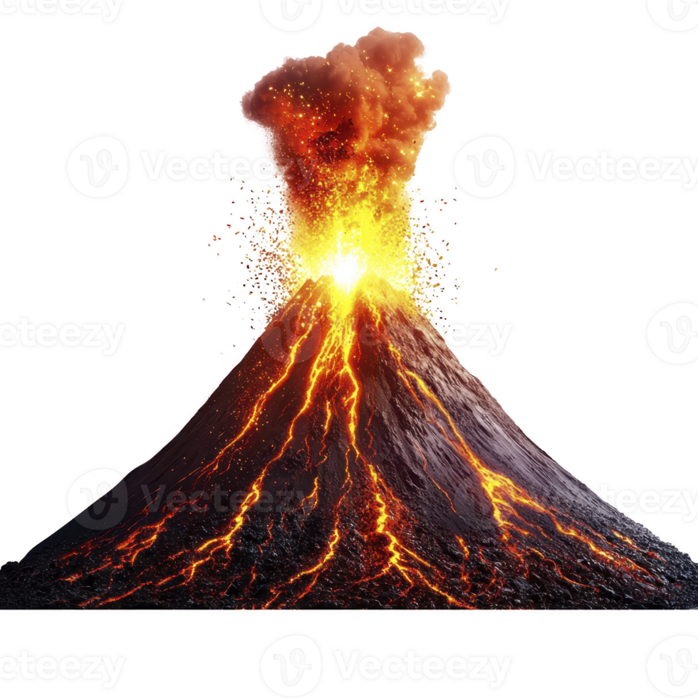 dramatic volcanic eruption with fiery lava and ash clouds showcases raw power of nature. glowing lava flows down mountain, creating striking visual contrast png