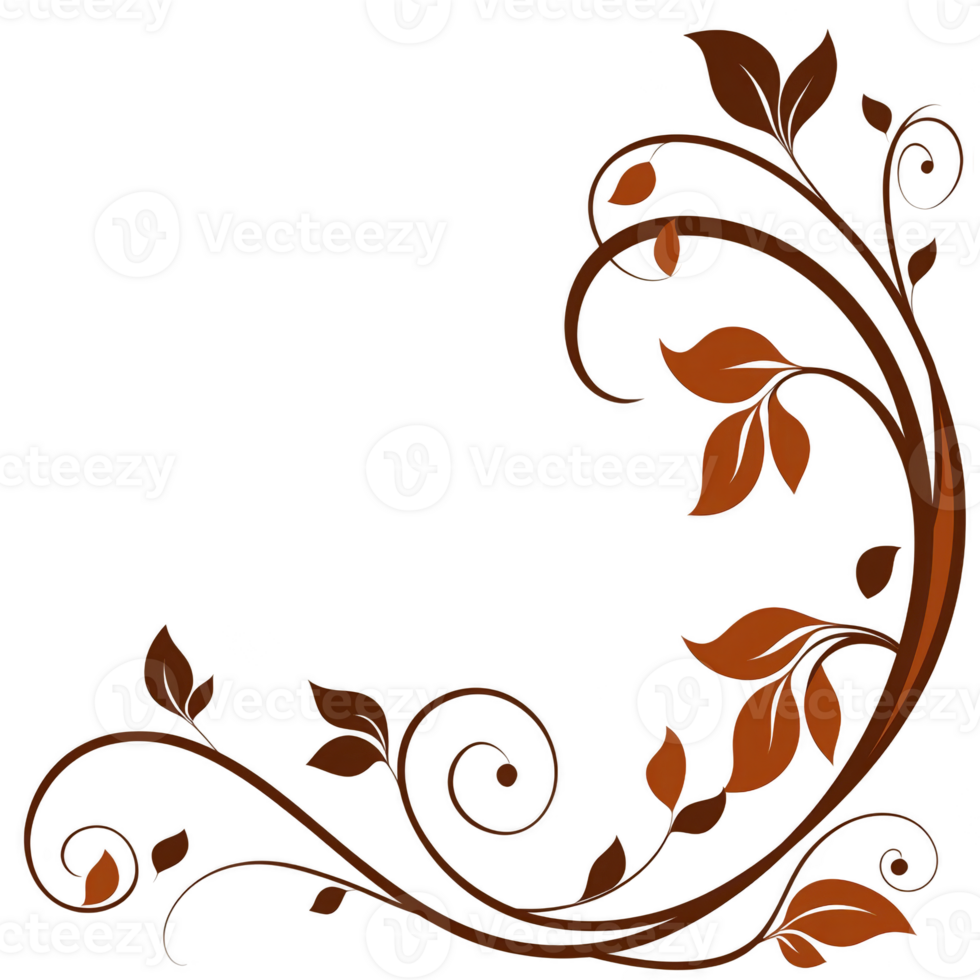 decorative corner design with swirling brown vines and leaves, perfect for adding elegant touch to invitations or stationery. intricate pattern creates warm, natural feel png