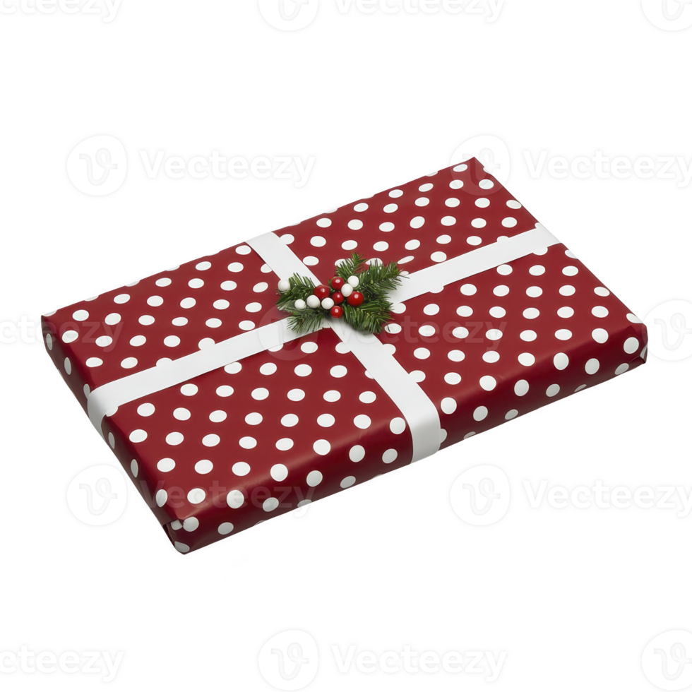rectangular gift box wrapped in red polka dot paper with white ribbon and festive holly decoration, perfect for holiday celebrations png