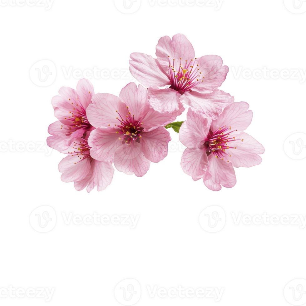 Pink cherry blossoms with delicate petals and vibrant stamens are beautifully arranged against transparency background, evoking sense of springtime elegance png