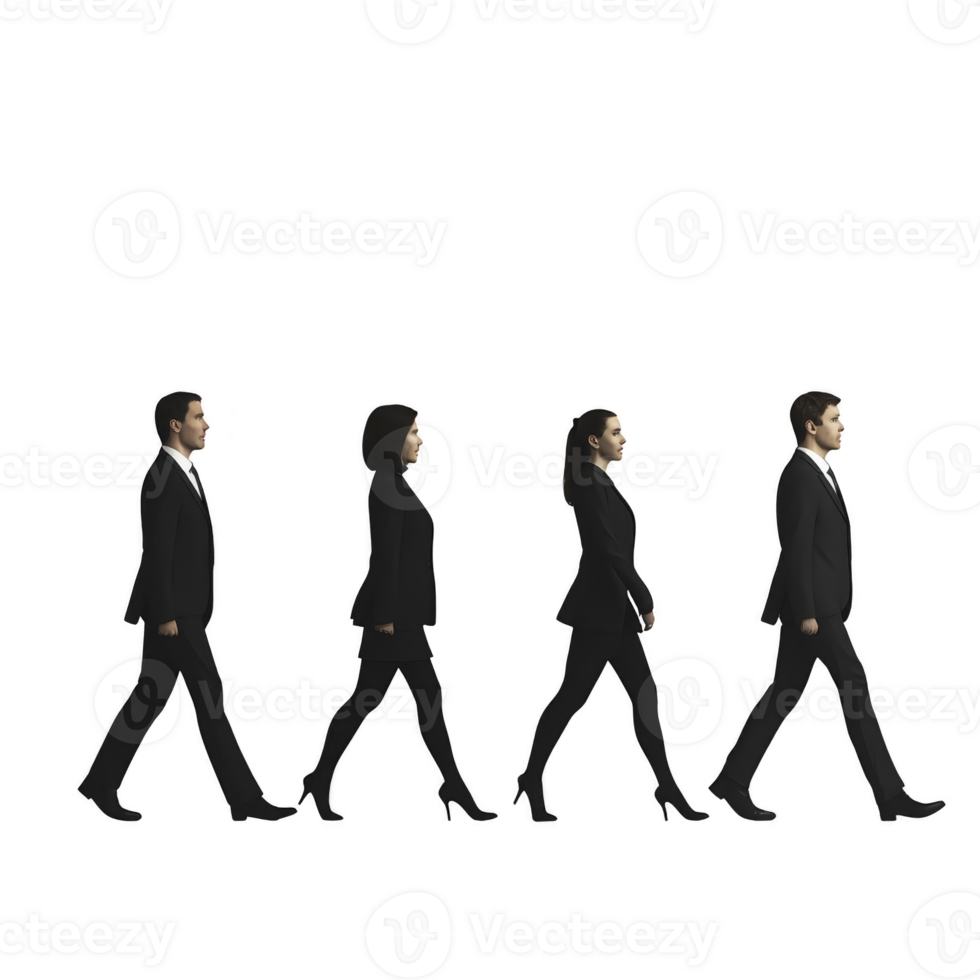 group of four business professionals in formal attire walking in line, symbolizing teamwork and collaboration. image conveys sense of unity and purpose png