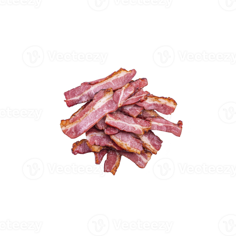Crispy cooked bacon strips are piled together, showcasing their rich, savory texture and appetizing appearance. Perfect for breakfast or as flavorful addition to various dishes png
