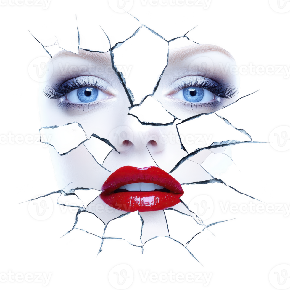 surreal image of woman face with bright blue eyes and red lips, appearing through cracked glass, creating dramatic and artistic effect png
