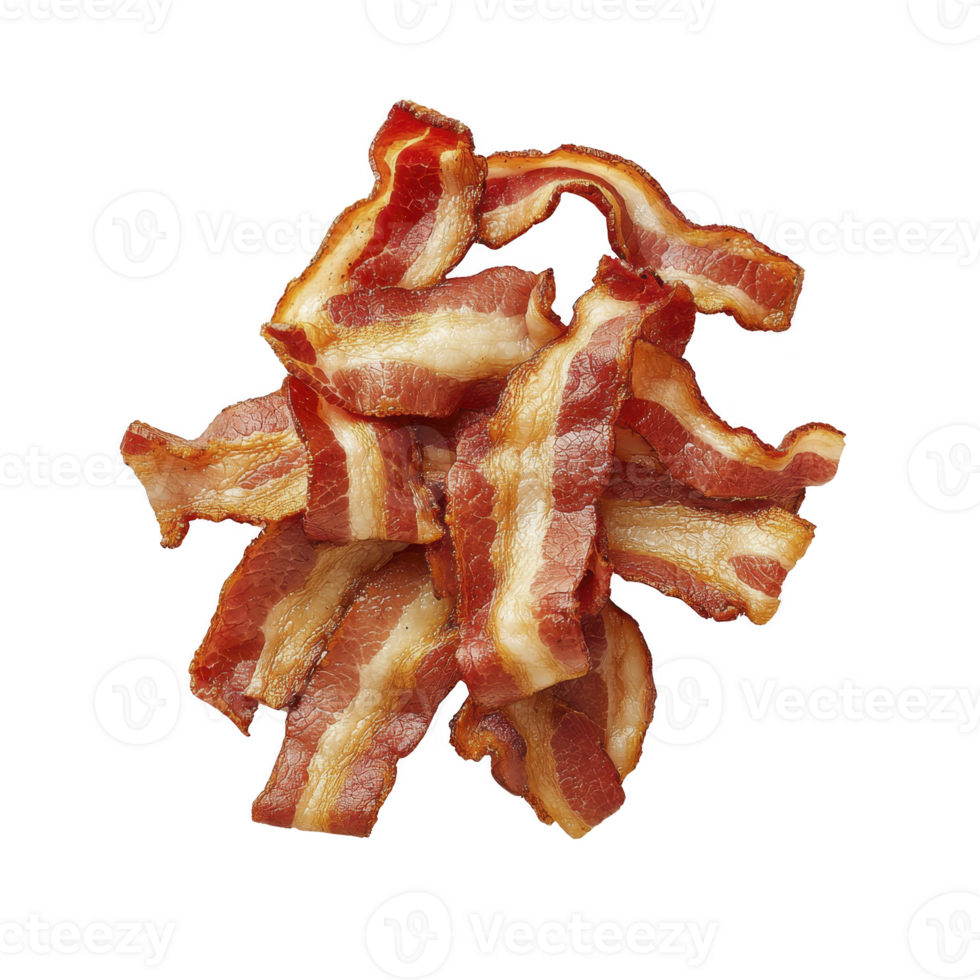 Crispy, golden brown bacon strips stacked in tempting pile, showcasing their savory texture and rich aroma, perfect for breakfast or as flavorful ingredient png