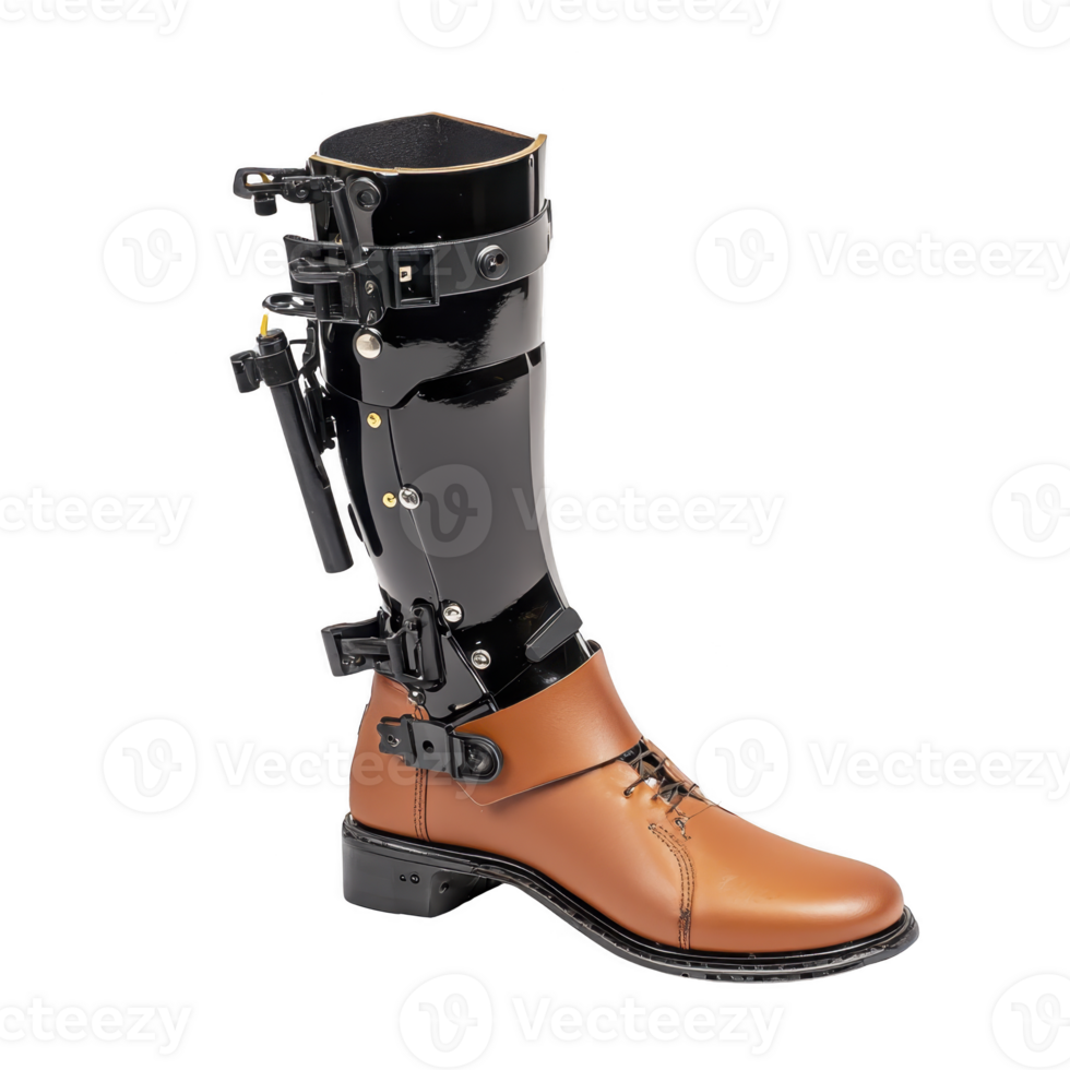 stylish brown leather boot with sleek black orthopedic brace attached, designed for support and comfort. combination of materials creates modern and functional look png