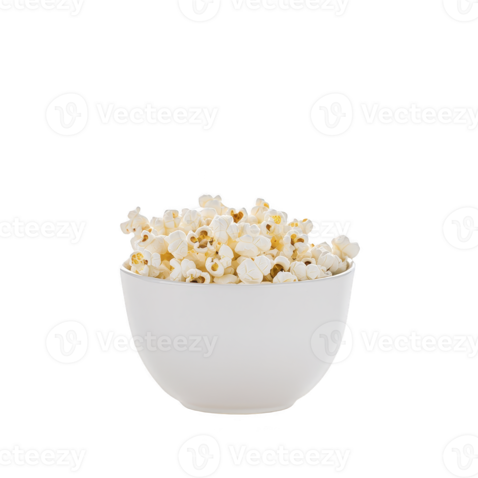 white bowl filled with fluffy, freshly popped popcorn sits against plain background, evoking sense of cozy movie nights and snacking enjoyment png