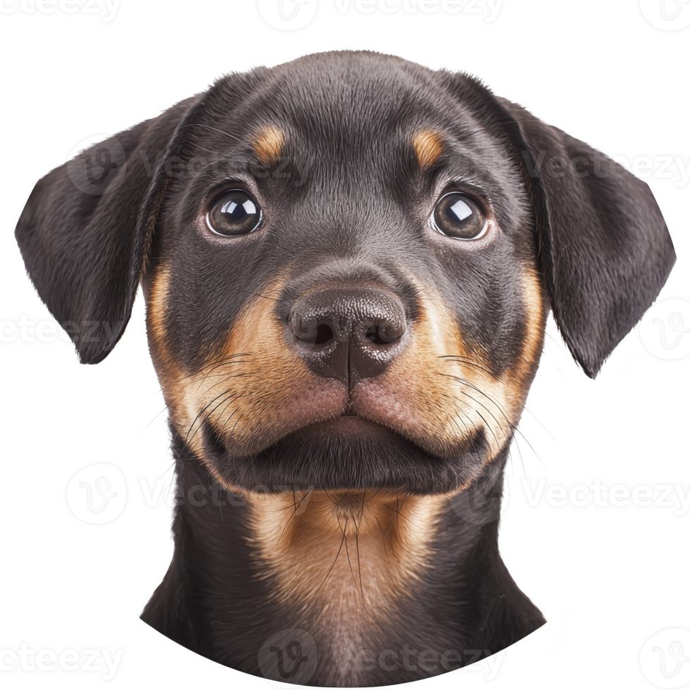 close up of cute Rottweiler puppy with expressive eyes and soft, shiny black and tan coat, looking directly at camera. image captures innocence and charm of young dog png