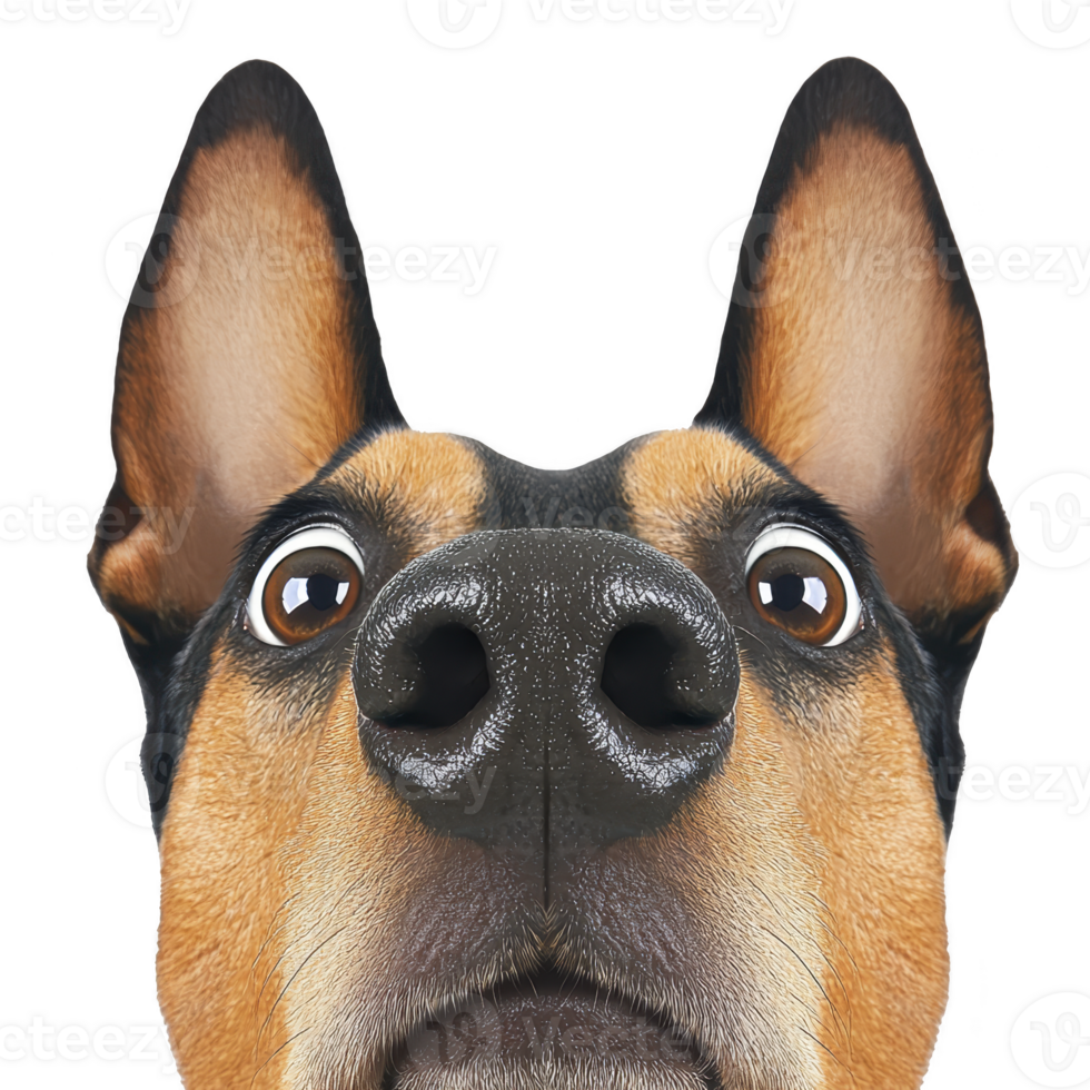 close up of curious dog face with large eyes and ears, showcasing its expressive features. dog nose is prominently in foreground, creating humorous and engaging perspective png