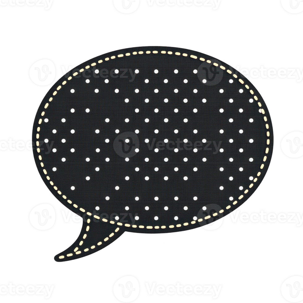black speech bubble with white polka dots and dashed outline creates playful and whimsical design. This graphic can be used for various creative projects, adding touch of fun and communication png