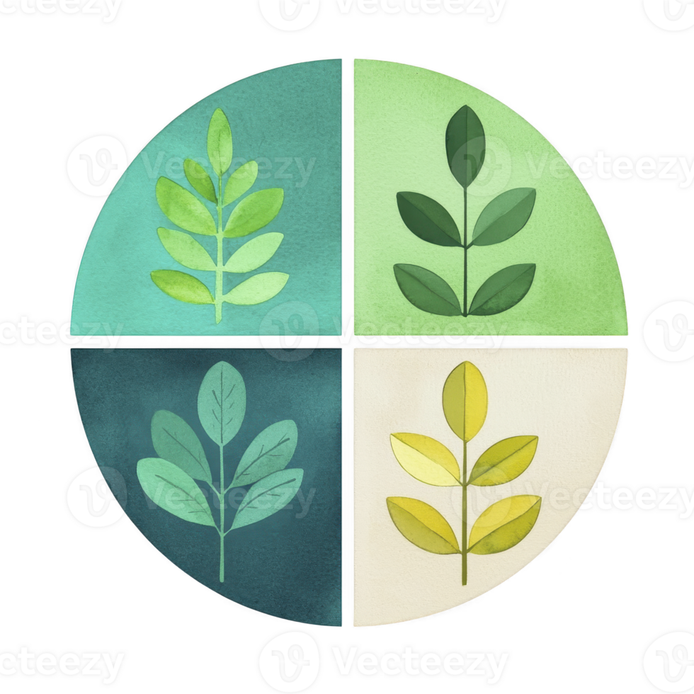 Four stylized leaves in circular design, each quadrant featuring different shade of green and yellow, creating harmonious and balanced composition png