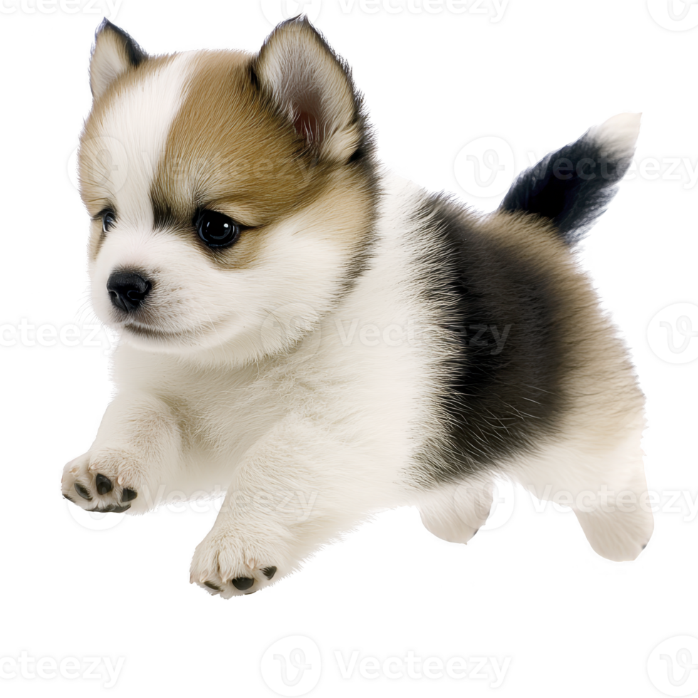 cute, fluffy puppy with tricolor coat is playfully running forward, showcasing its small size and adorable expression. puppy fur is mix of white, brown, and black, adding to its charm png