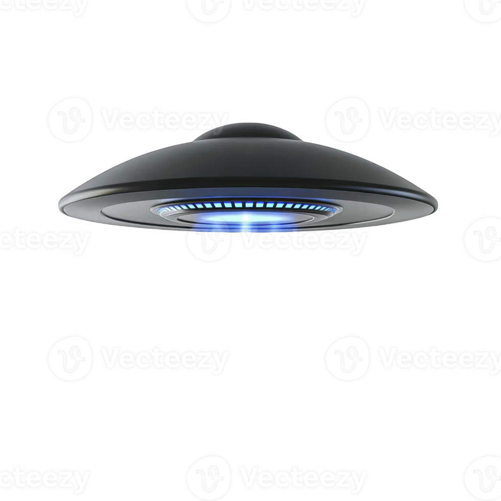 sleek, futuristic UFO with glowing blue lights hovers against transparency background, evoking sense of mystery and intrigue png
