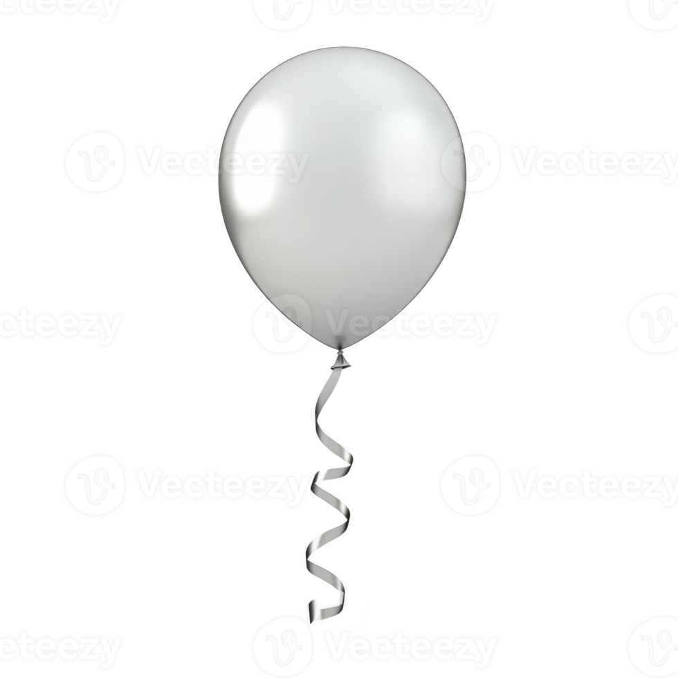shiny silver balloon with curly ribbon, floating against plain background, evokes sense of celebration and joy. Perfect for parties and festive occasions png