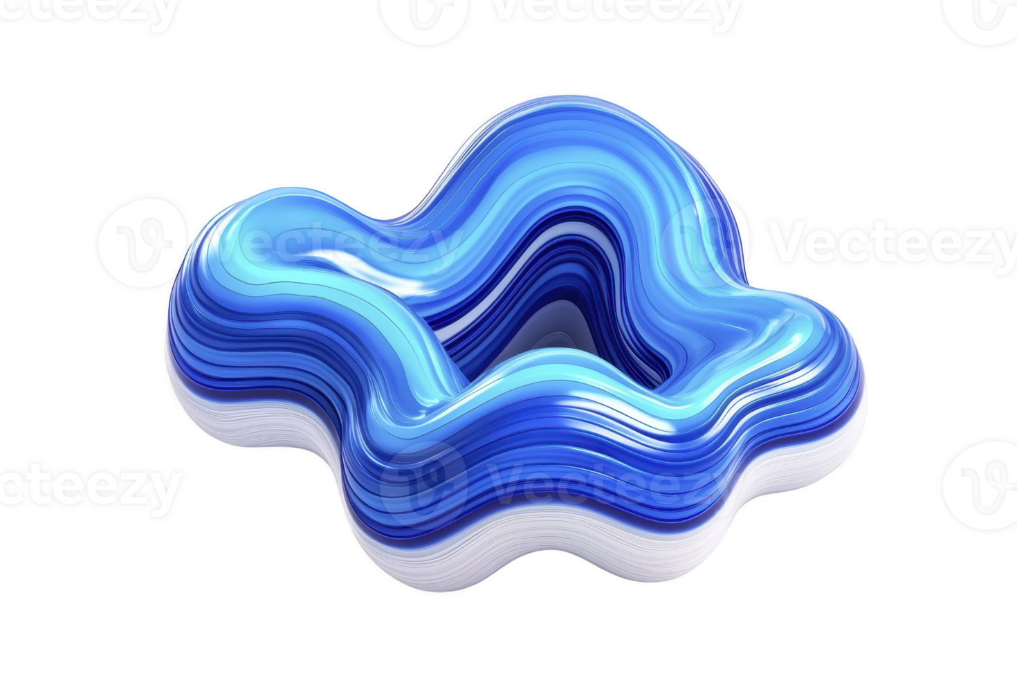 3D abstract shape with layered blue and white contours creates fluid, wave like appearance, evoking sense of motion and depth. smooth, glossy surface enhances its modern aesthetic png
