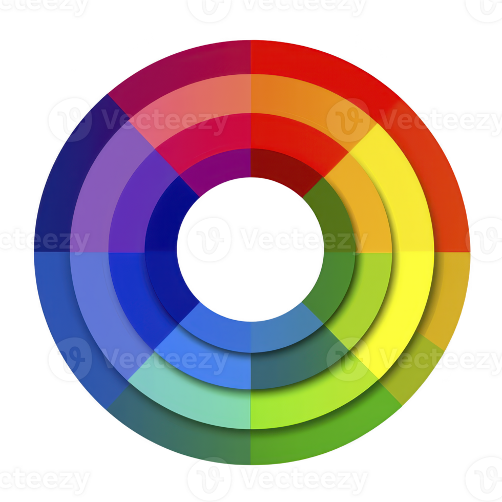 vibrant circular color wheel featuring spectrum of hues arranged in concentric layers, showcasing harmonious blend of primary and secondary colors png