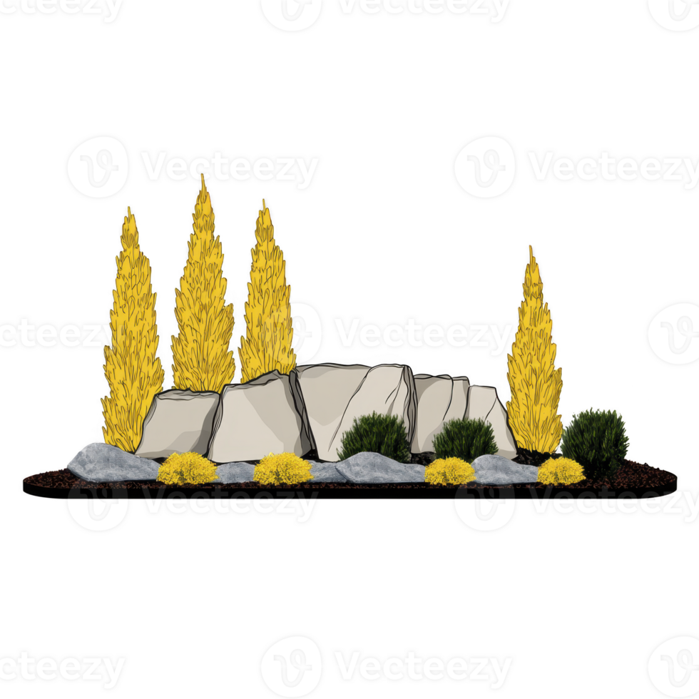 serene garden landscape features tall yellow shrubs, large gray rocks, and small green bushes, creating harmonious and natural setting png