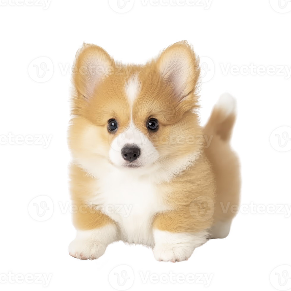 fluffy, adorable corgi puppy with curious expression sits against transparency background, showcasing its soft fur and playful demeanor png