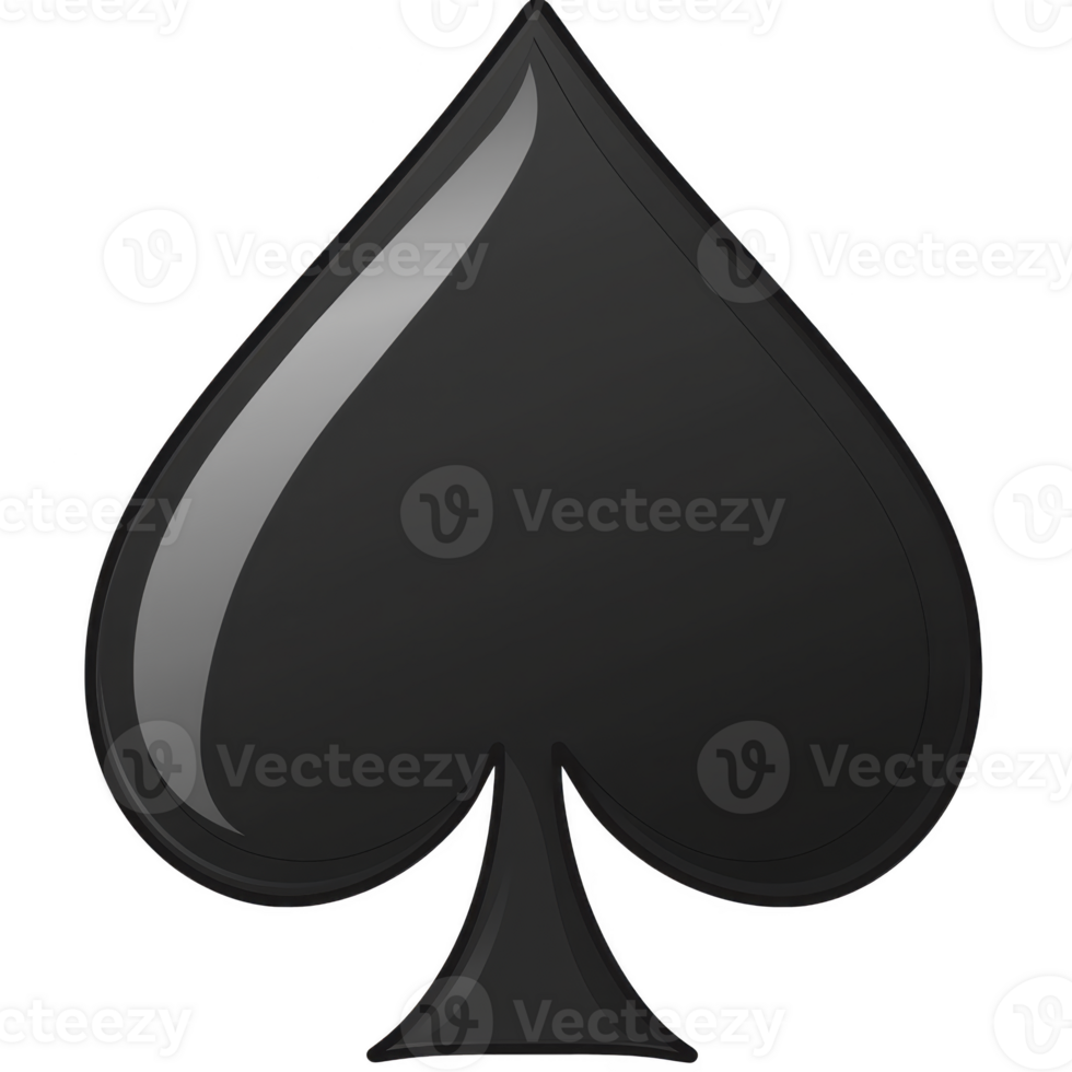 shiny black spade symbol with reflective surface, representing one of four suits in standard deck of playing cards. spade is depicted in simple, bold design png