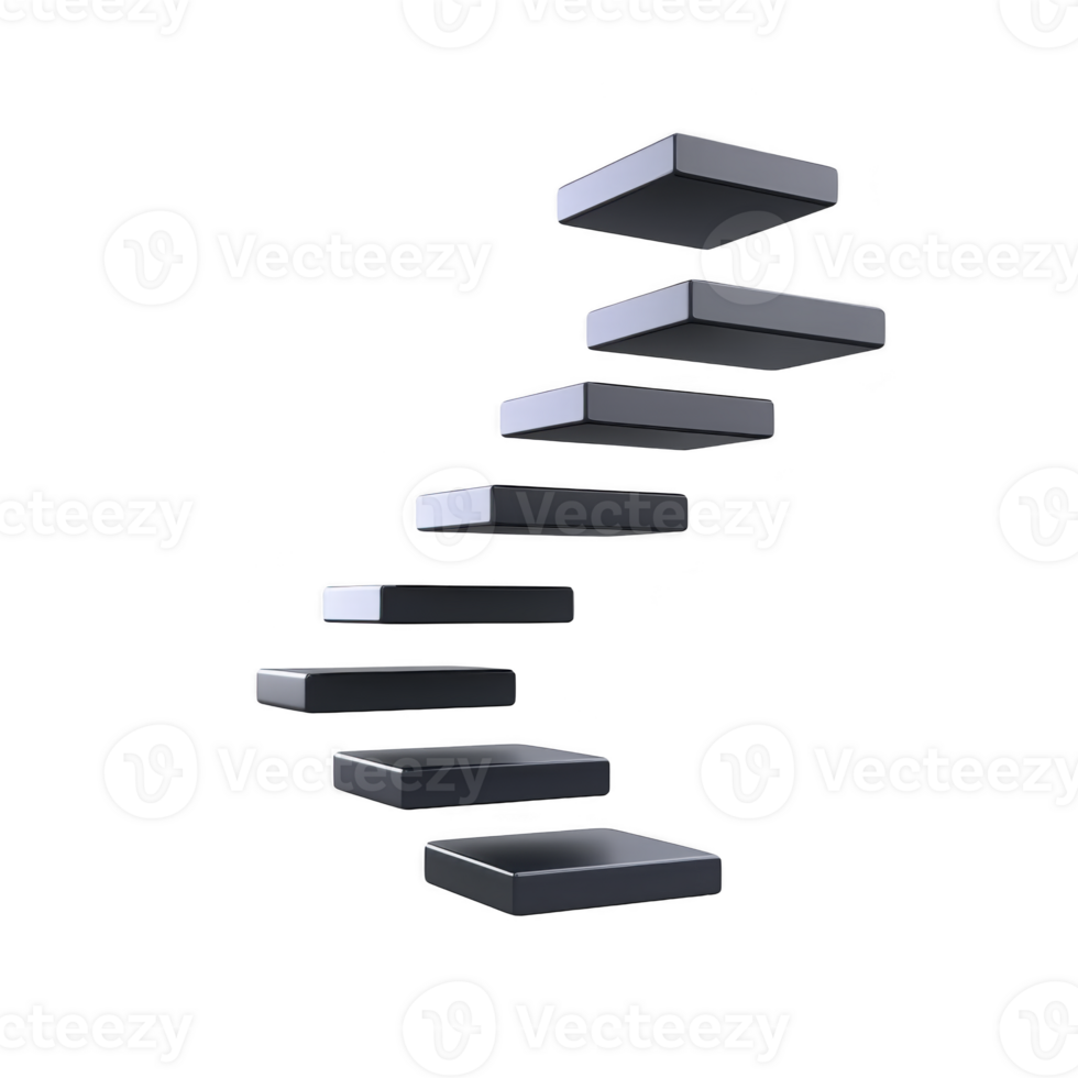 Floating black steps in minimalist design create modern, abstract staircase against transparent background, symbolizing progress and innovation png