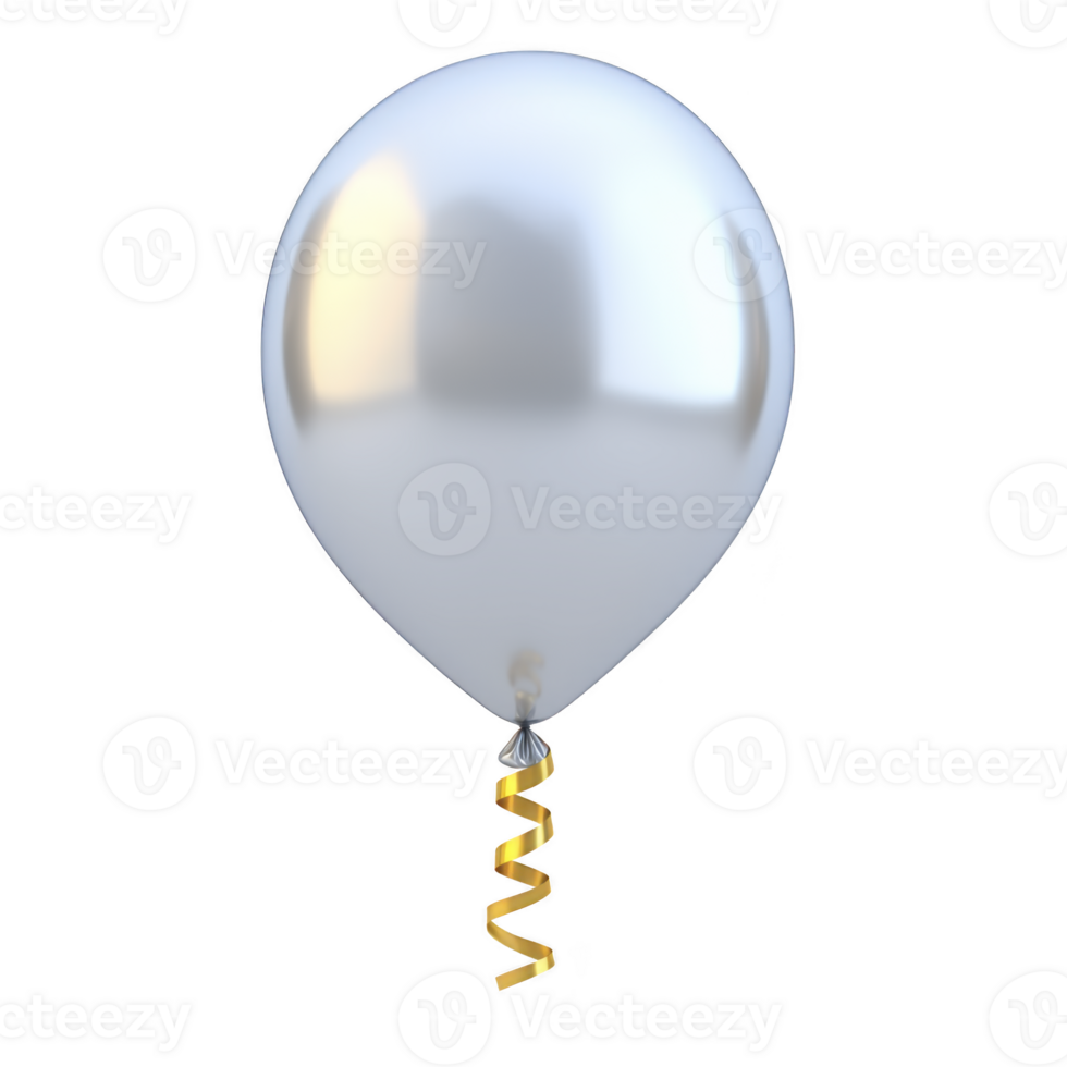 shiny silver balloon with golden ribbon tail floats against plain background, creating festive and celebratory atmosphere. balloon reflective surface adds touch of elegance png