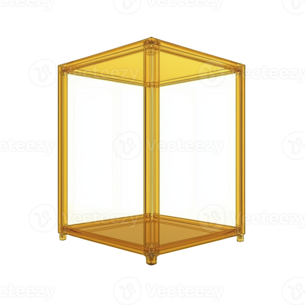 transparent, hexagonal display case with golden frame, perfect for showcasing collectibles or retail items. sleek design adds modern touch to any space png
