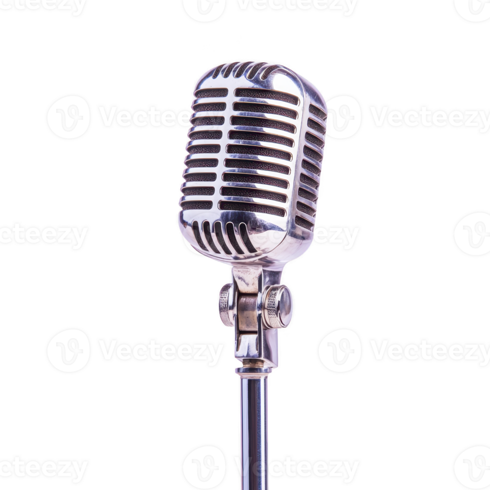 vintage style silver microphone stands elegantly against transparency background, evoking sense of nostalgia and classic charm. microphone retro design is reminiscent of iconic performances png