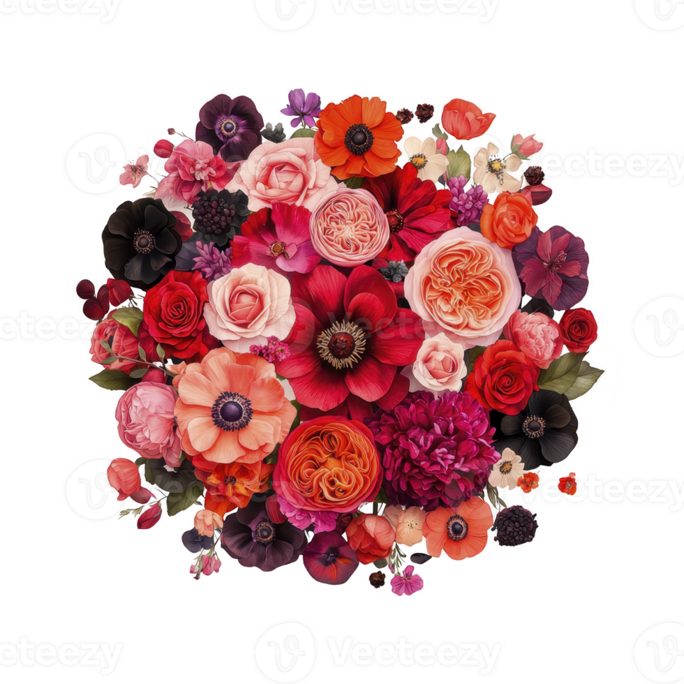 vibrant bouquet of various flowers, including roses and anemones, arranged circular pattern. composition features rich palette of reds, pinks, and purples, creating lively and elegant floral png