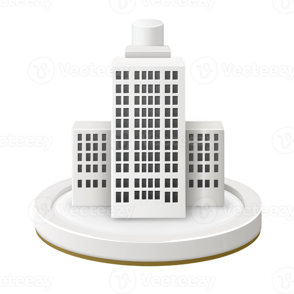 3D illustration of white, modern skyscraper with multiple windows, set on circular base, symbolizing urban architecture and city development png