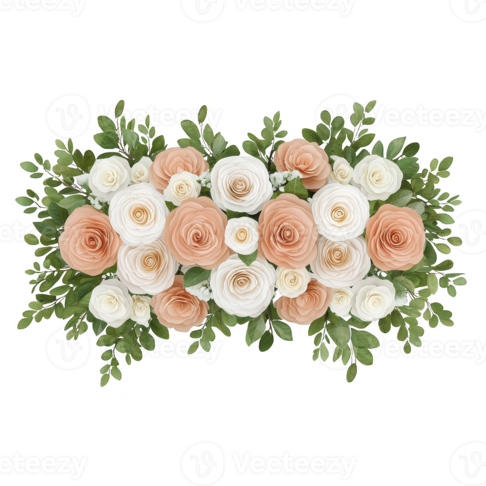 beautiful floral arrangement featuring white and peach roses surrounded by lush green leaves, creating elegant and fresh display png