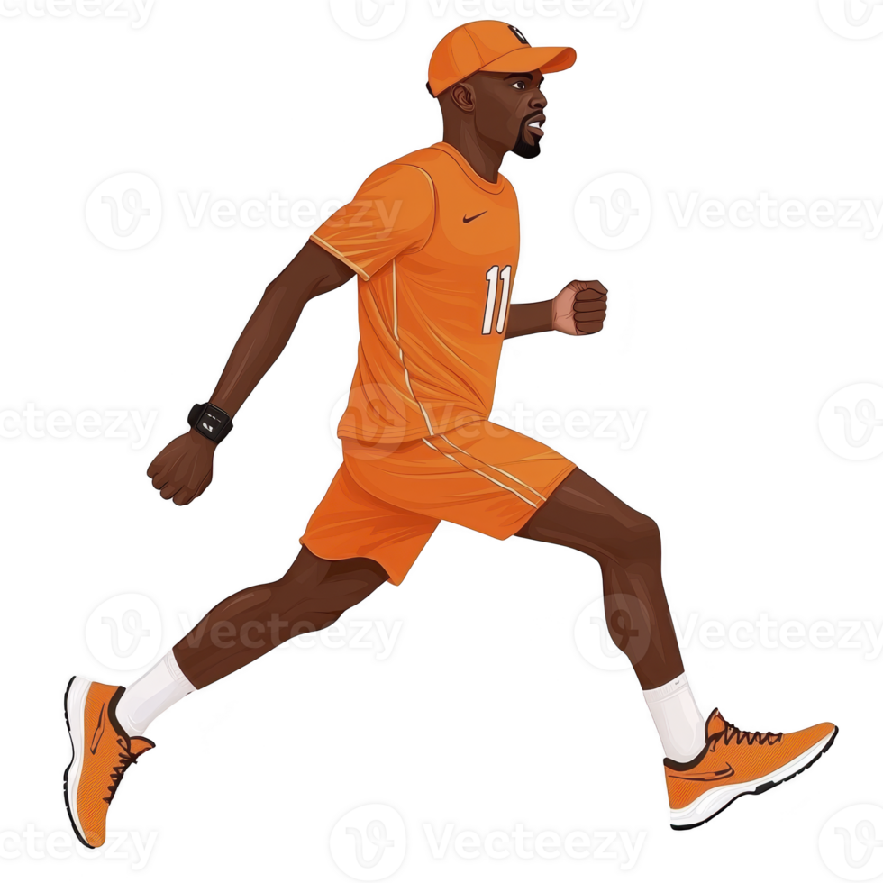 man in orange athletic outfit is running energetically, wearing cap and sports shoes. His determined expression and dynamic pose convey sense of speed and focus png