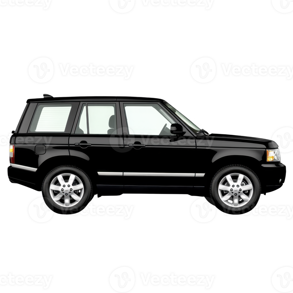 sleek black SUV is depicted side view, showcasing its modern design and spacious interior. vehicle features silver alloy wheels and tinted windows, emphasizing its stylish and robust appearance png