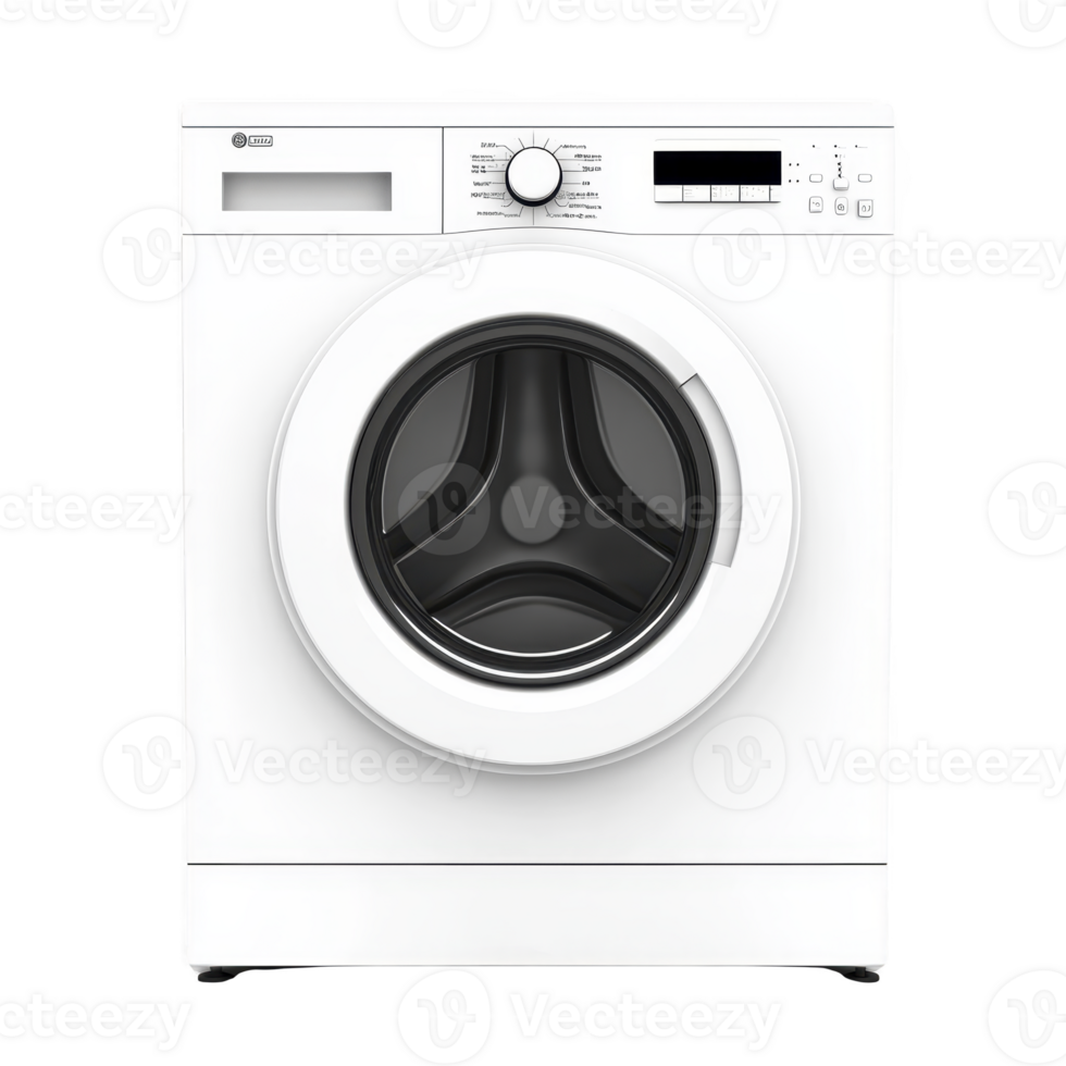 Front loading washing machine with sleek white design, featuring digital display and control knob for easy operation. Ideal for modern laundry rooms, offering efficient and quiet performance png