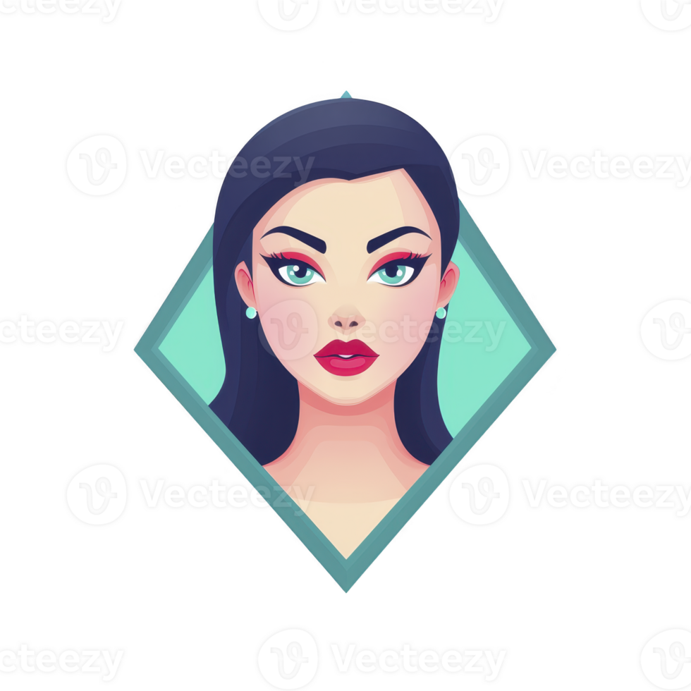 stylized illustration of woman with striking features, including bold makeup and vibrant colors, set within geometric diamond shape. design is modern and eye catching png
