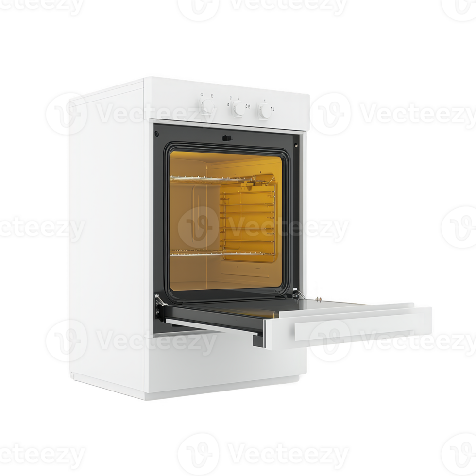 modern white kitchen oven with open door, showcasing its interior with multiple racks. sleek design and clean lines make it stylish and functional appliance for any kitchen png