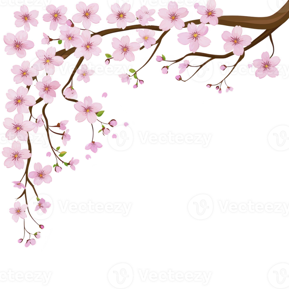 delicate cherry blossom branch with soft pink flowers and green leaves, set against transparent background, evokes sense of tranquility and natural beauty png