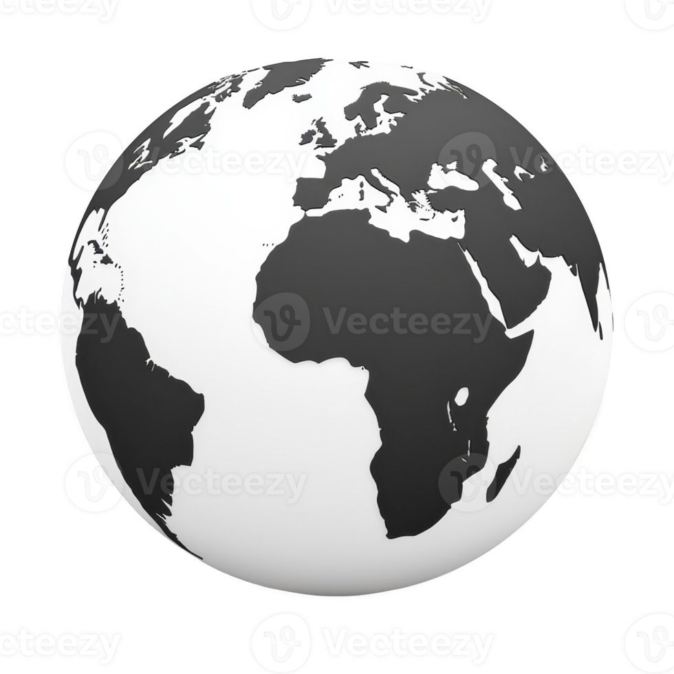 monochrome globe illustration showing continents in black on transparency background, highlighting Africa prominently. simple design emphasizes geographical features and contrasts png