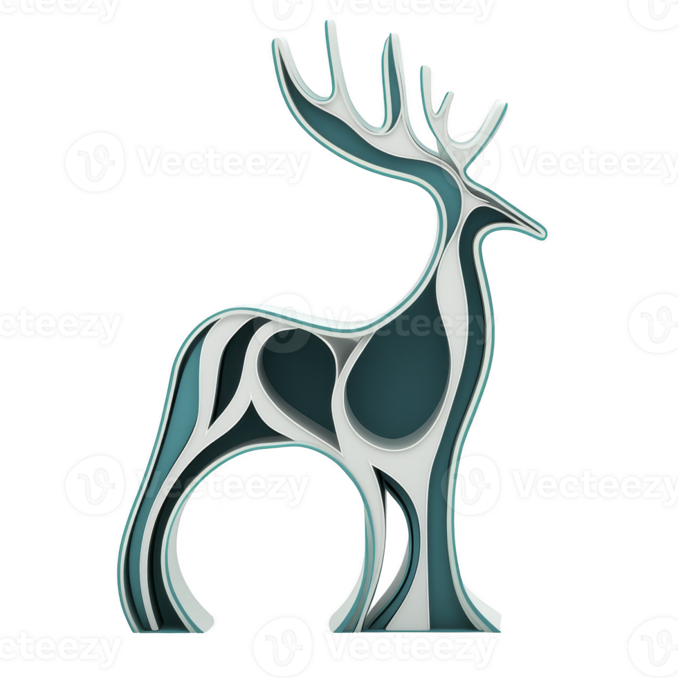 This features stylized, abstract sculpture of deer with flowing, curved lines and modern design. sculpture is composed of layered materials shades of teal, white, and black, creating dynamic png