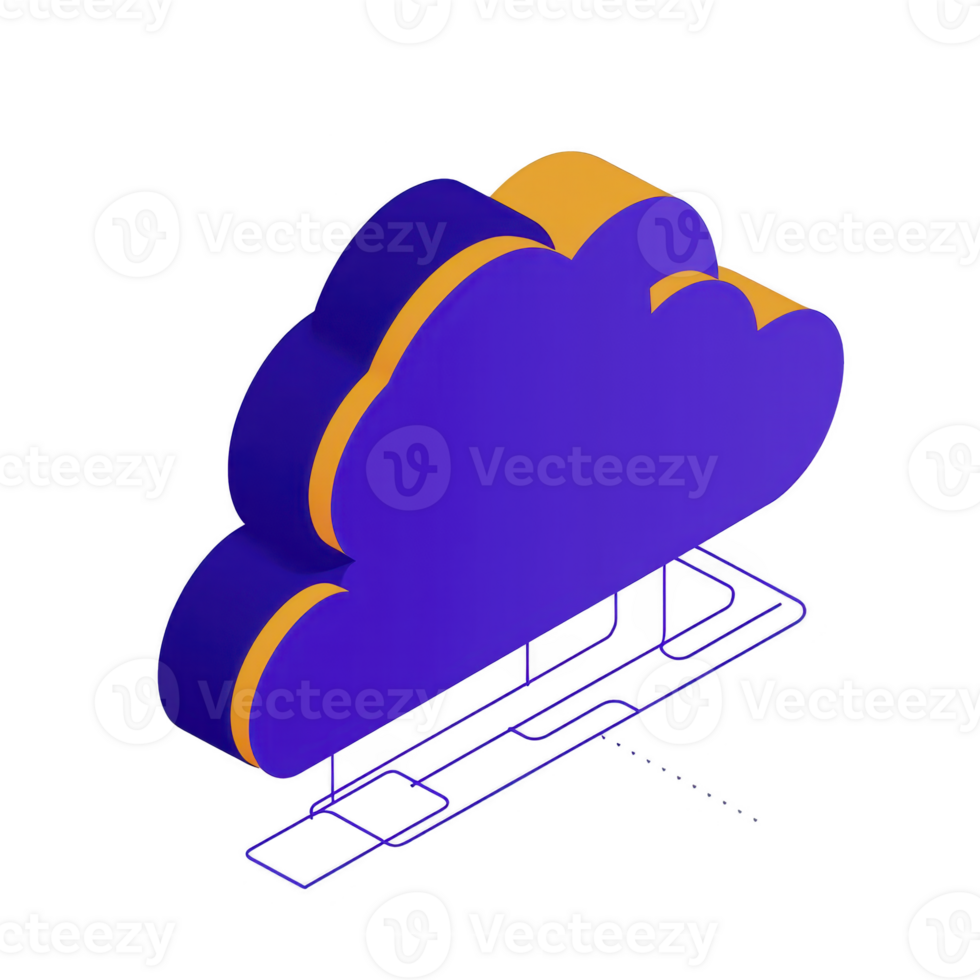 3D illustration of purple and orange cloud icon, symbolizing cloud computing and data storage, is depicted with modern and abstract design png
