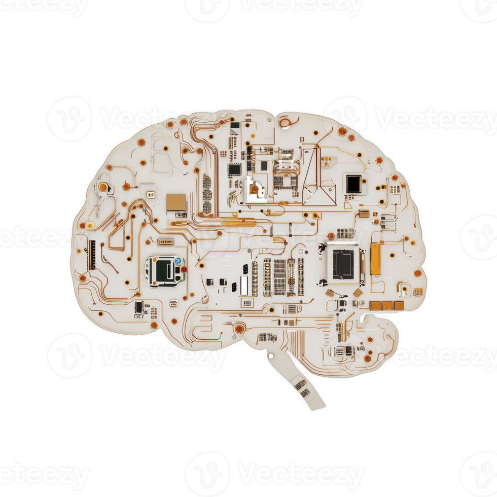 digital illustration of brain shaped circuit board, symbolizing fusion of technology and human intelligence. intricate design features various electronic components and pathways png