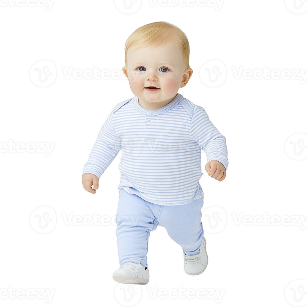 cute baby with blonde hair is walking confidently in striped long sleeve shirt and light blue pants, wearing white shoes. baby appears joyful and energetic png