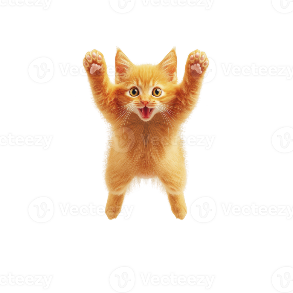 playful orange kitten with paws raised in excitement, showcasing its fluffy fur and bright eyes against transparency background. joyful expression adds sense of fun and energy png