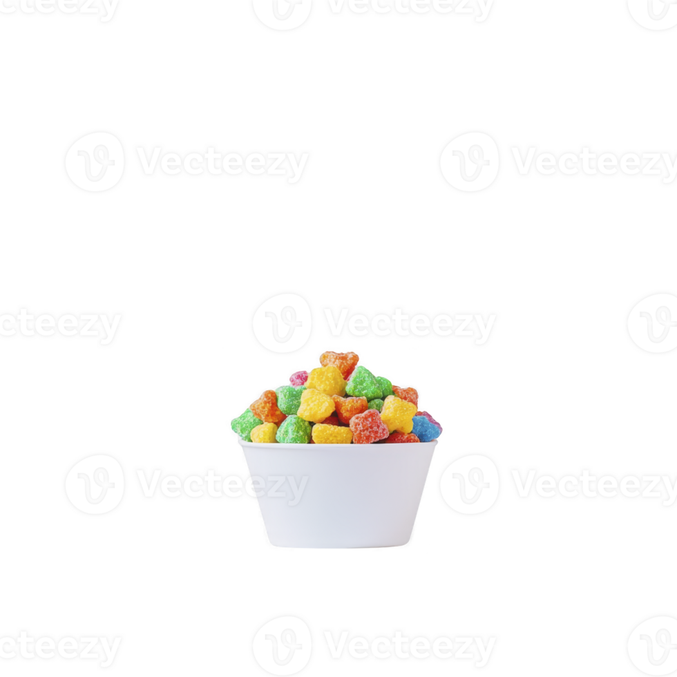 white bowl filled with colorful, vibrant cereal pieces, showcasing variety of bright hues. cereal is arranged neatly, creating cheerful and inviting appearance png