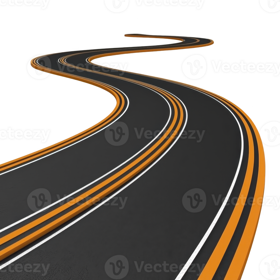 winding road with bright orange and white lines curves against transparency background, creating dynamic and abstract visual. road smooth curves suggest movement and direction png