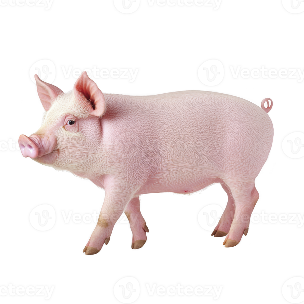 realistic depiction of pink pig standing on transparency background, showcasing its detailed features and texture. pig appears healthy and vibrant, with curly tail and attentive expression png