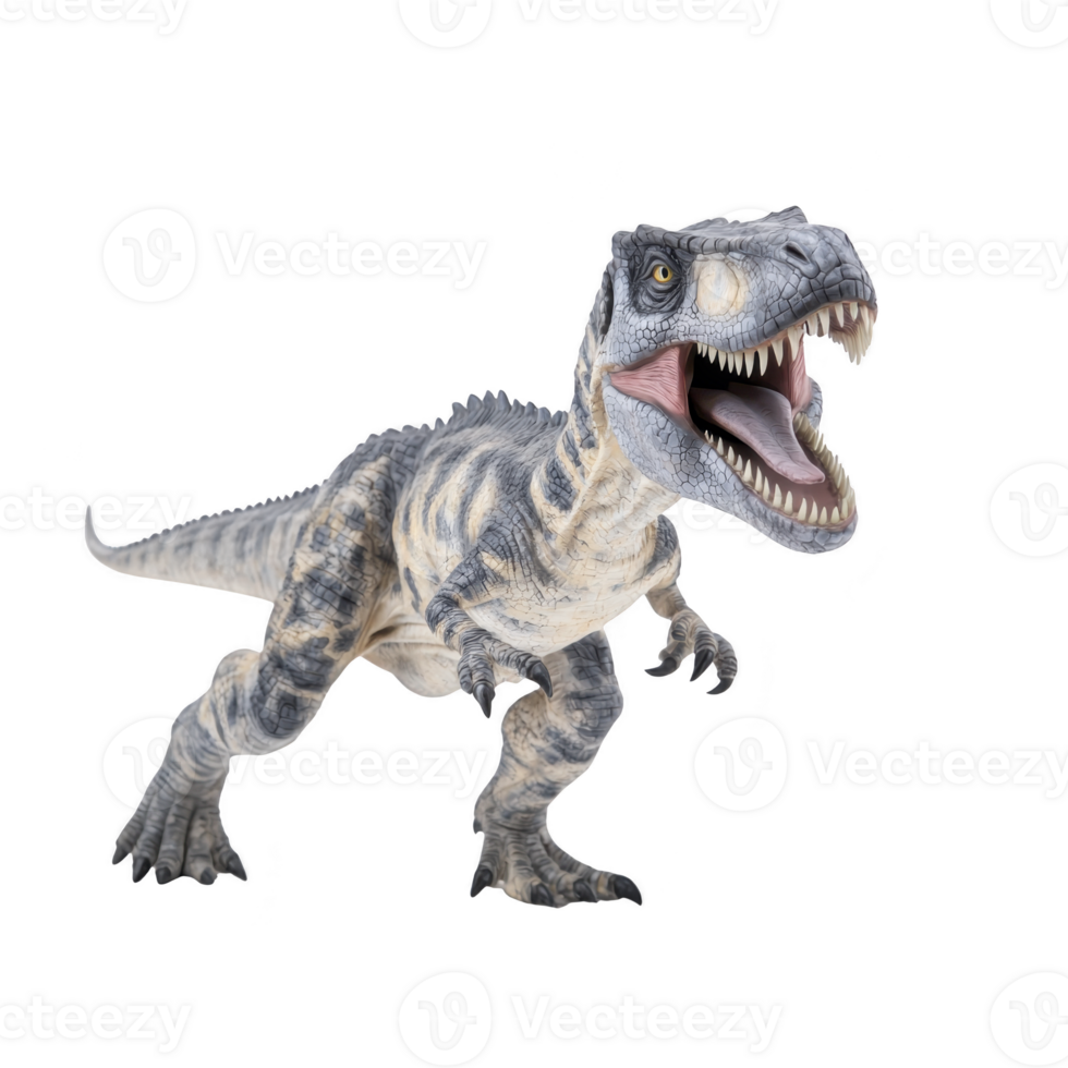 fierce dinosaur toy with open mouth and sharp teeth, showcasing realistic details and dynamic pose. toy is designed to resemble prehistoric creature, capturing its ferocity png