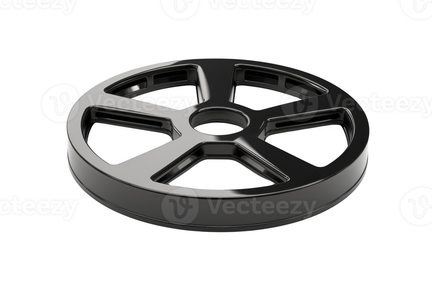 sleek black metal wheel with modern design, featuring five spokes and central hole, is displayed against transparency background. wheel glossy finish adds touch of elegance png