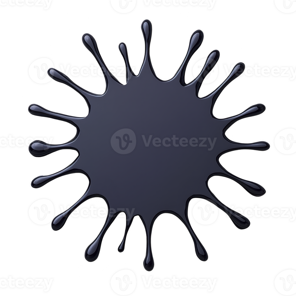 dark blue paint splatter with glossy finish spreads outward in circular pattern, creating abstract and dynamic design. splatter features elongated droplets radiating from center png