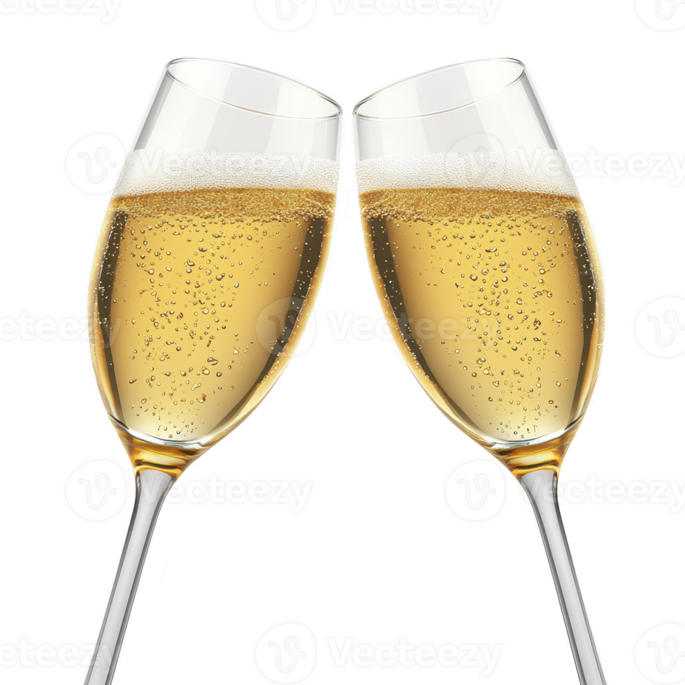 Two champagne glasses filled with bubbly golden liquid clink together in celebration, creating festive and joyful atmosphere. sparkling wine is effervescent, with bubbles rising to surface png